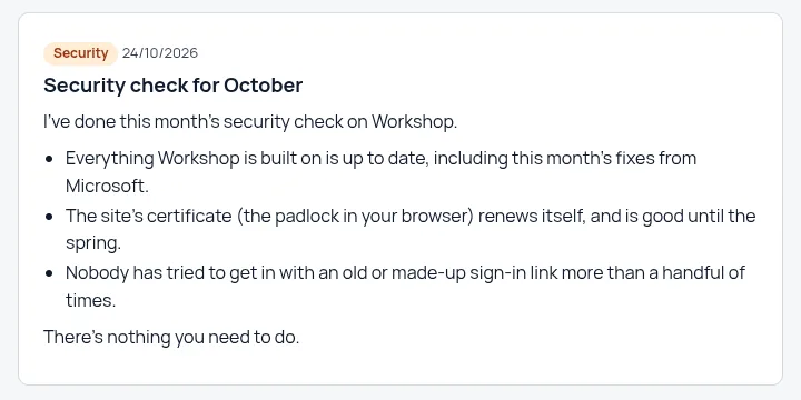 A security check update on the portal: everything is up to date, the certificate renews itself, and there is nothing you need to do