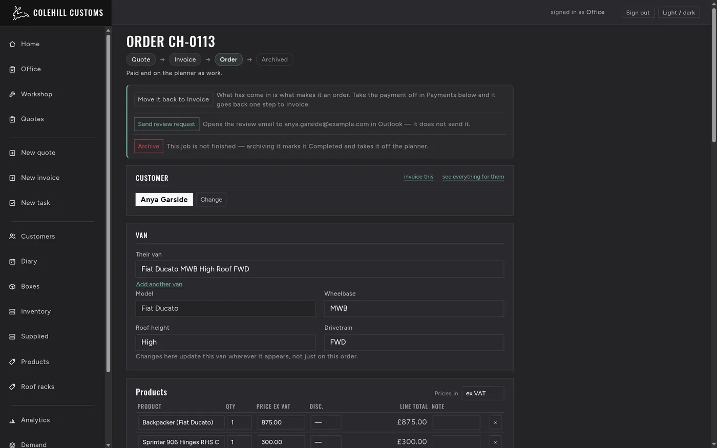 Colehill Customs: Order Screen