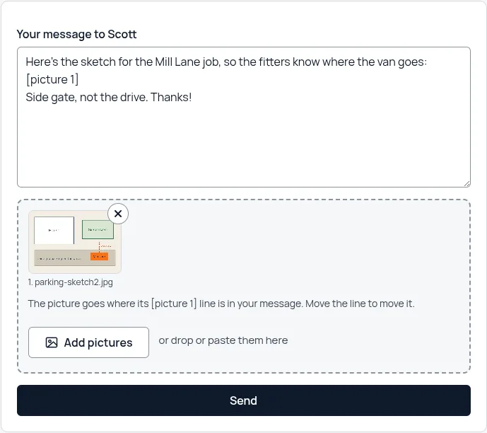 Writing a chat message: the text box shows a [picture 1] line between two sentences, with the picture's thumbnail and an Add pictures button underneath