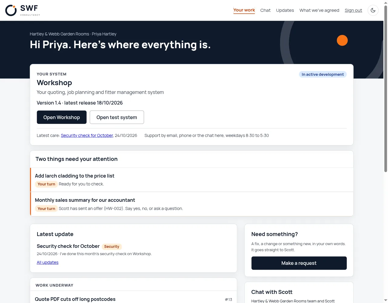 A client's home page on the portal: the system card with its version and latest care note, items needing attention, the latest security update and work underway