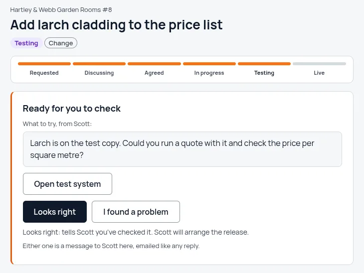 A request at Testing: the progress bar runs Requested, Discussing, Agreed, In progress, Testing, Live, with Looks right and I found a problem buttons underneath