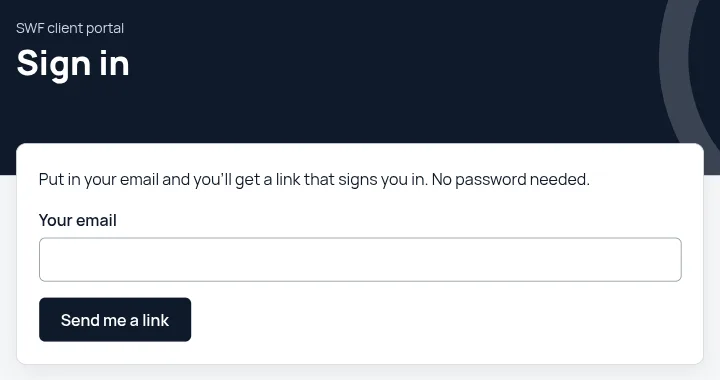 The portal sign-in page: one box for your email and a Send me a link button