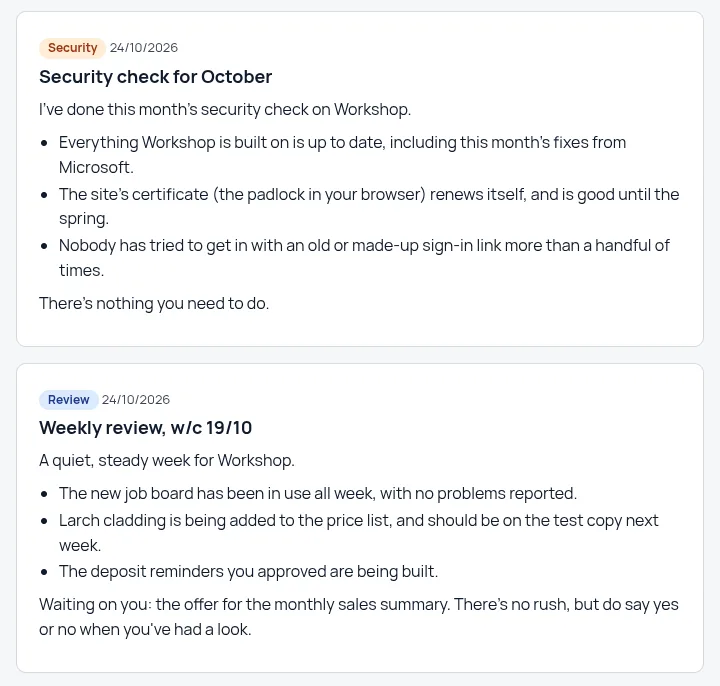 The Updates page: a security check for October saying everything is up to date, then a weekly review listing the week's work