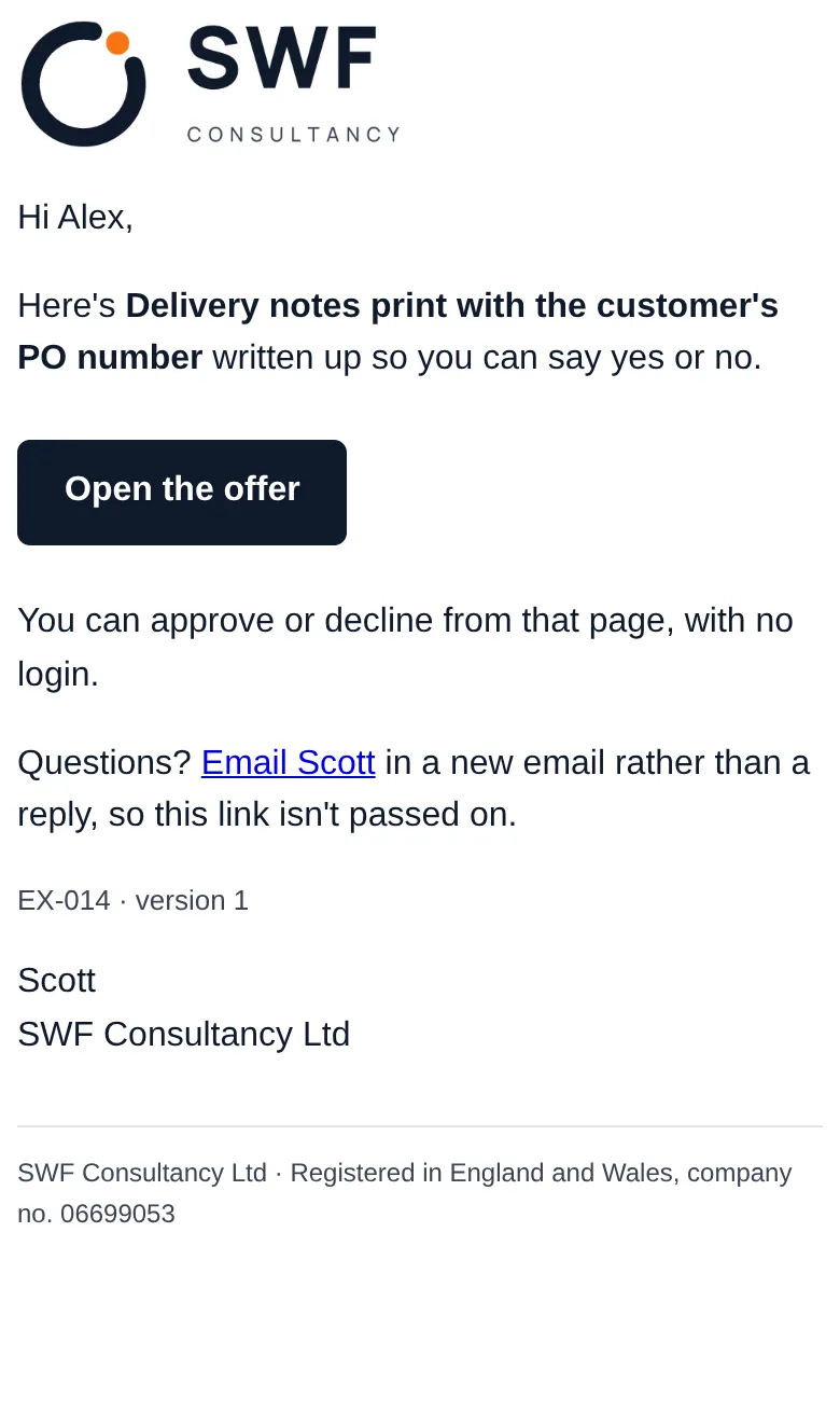 An email titled Action needed, with an Open the offer button