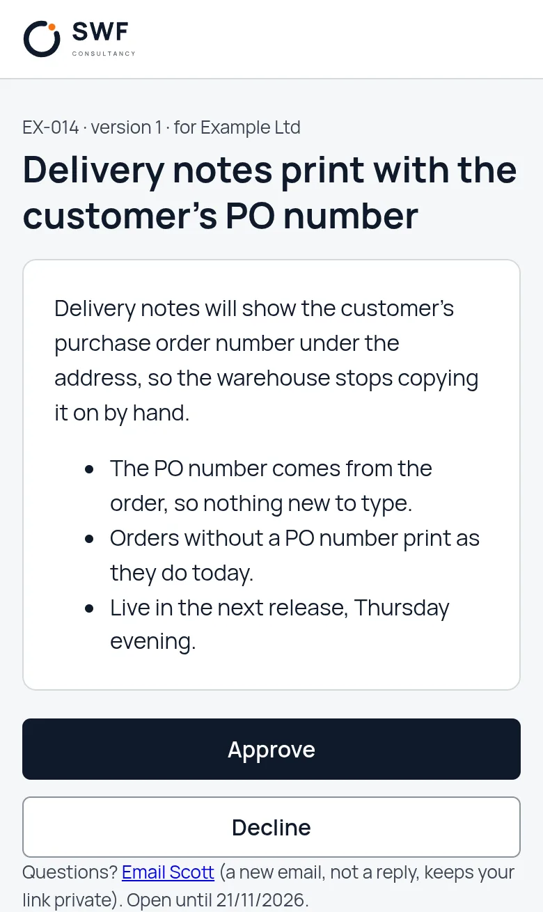 The offer page on a phone, with Approve and Decline buttons